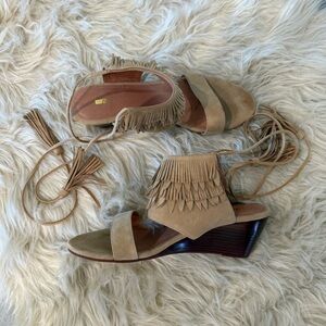 Matiko Bekka Wrap Tan Fringe Wedge Sandals